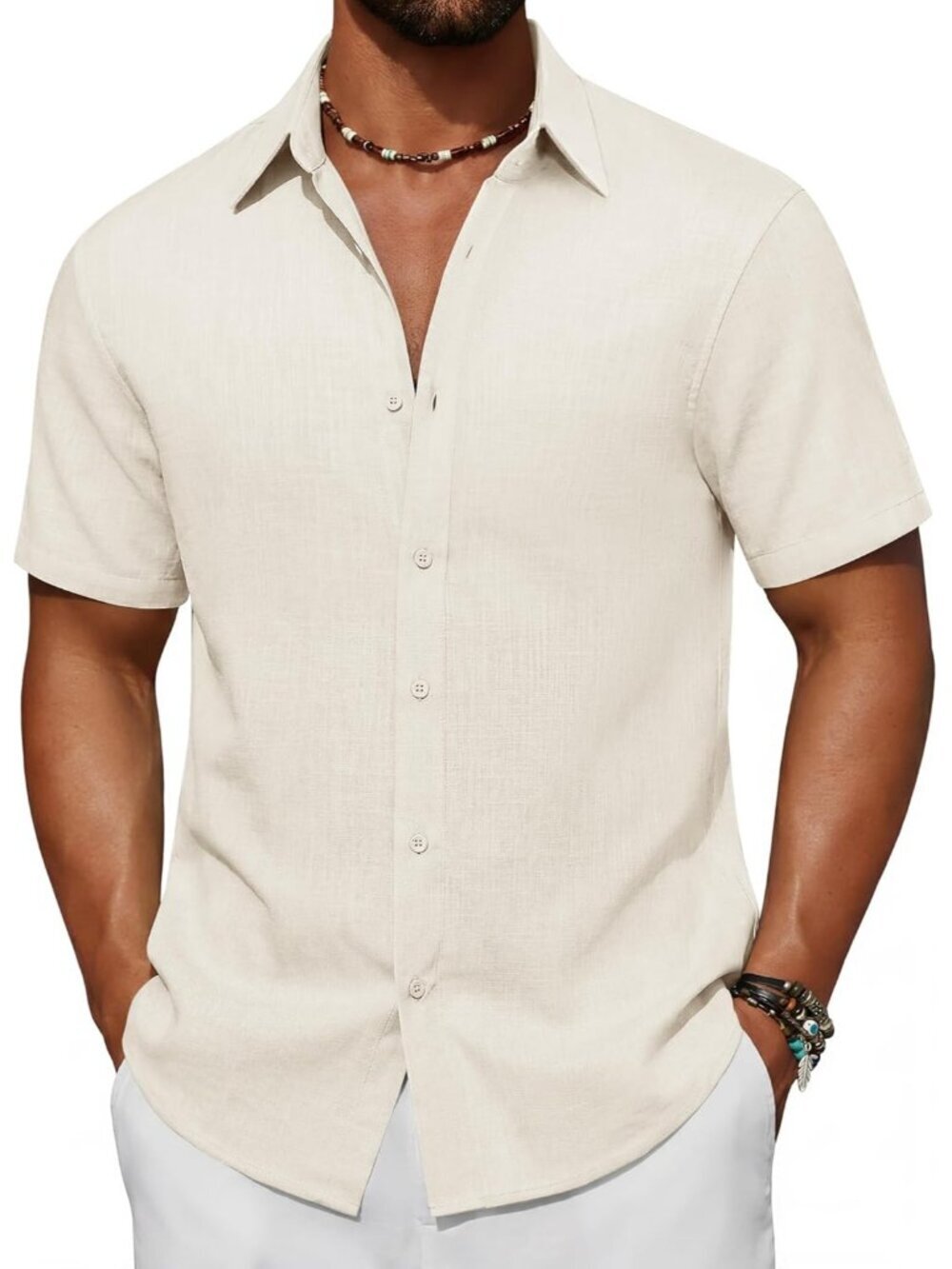 Men's Beige Short Sleeve Button Down Cotton Linen Beach Shirt Pocket